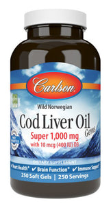 Carlson Cod Liver Oil Gems, Super 1,000 mg 250 Soft Gels